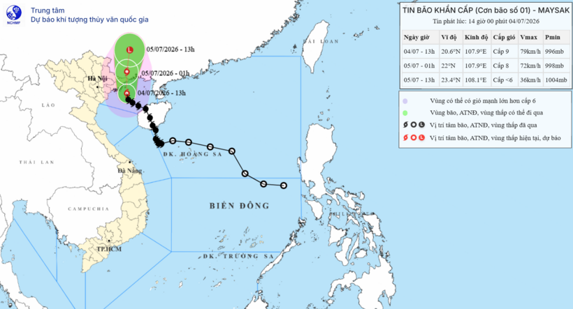 Hướng di chuyển của cơn bão số 1. Ảnh: Trung tâm Dự báo Khí tượng Thủy văn Quốc gia