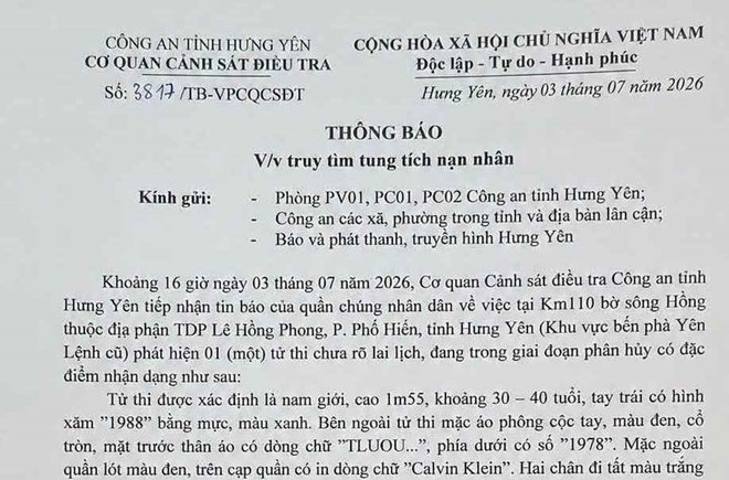 Công an tỉnh Hưng Yên đang truy tìm tung tích và thân nhân một tử thi là nam giới chưa rõ danh tính. Ảnh: Dân Trí