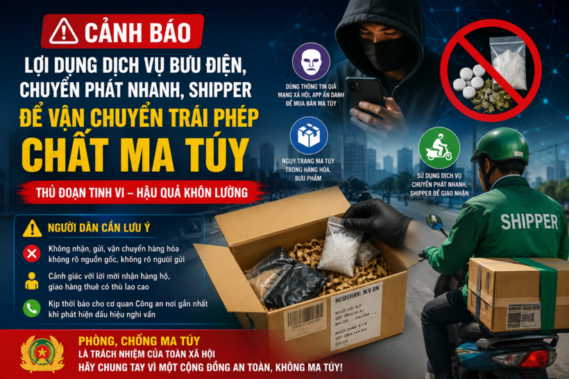 Cảnh báo thủ đoạn lợi dụng dịch vụ bưu điện, chuyển phát nhanh, shipper để vận chuyển trái phép chất ma túy. (Ảnh: Công an tỉnh Ninh Bình)