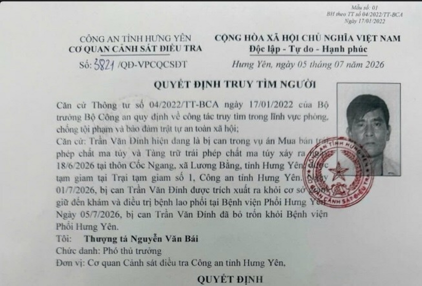Công an Hưng Yên truy tìm bị can bỏ trốn khỏi nơi khám chữa bệnh. (Ảnh: Công an tỉnh Hưng Yên)