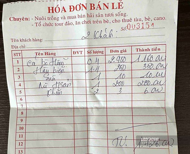 Hóa đơn mà 2 du khách ở Hà Nội đã sử dụng dịch vụ tại bè nổi. Ảnh: Hữu Long/ Theo Lao động.
