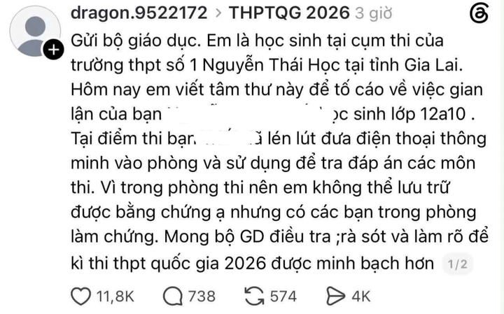 Bài đăng tố giác em N.T.T có dấu hiệu gian lận trong kỳ thi tốt nghiệp THPT 2026 được chia sẻ trên mạng xã hội.
