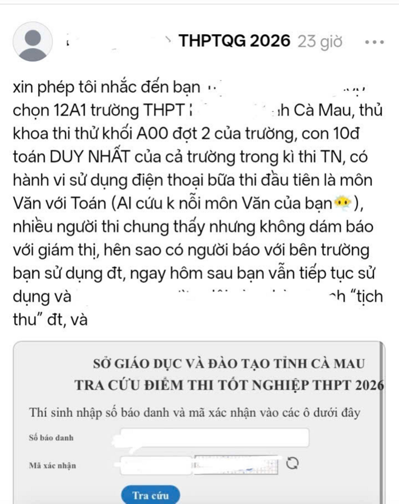 Bài viết tố cáo thí sinh vi phạm quy chế thi. Ảnh chụp màn hình/Vietnamnet