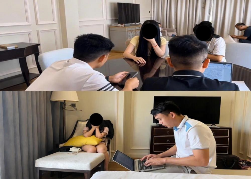 Công an lấy lời khai các cô gái trong đường dây. Ảnh: Công an Hà Tĩnh
