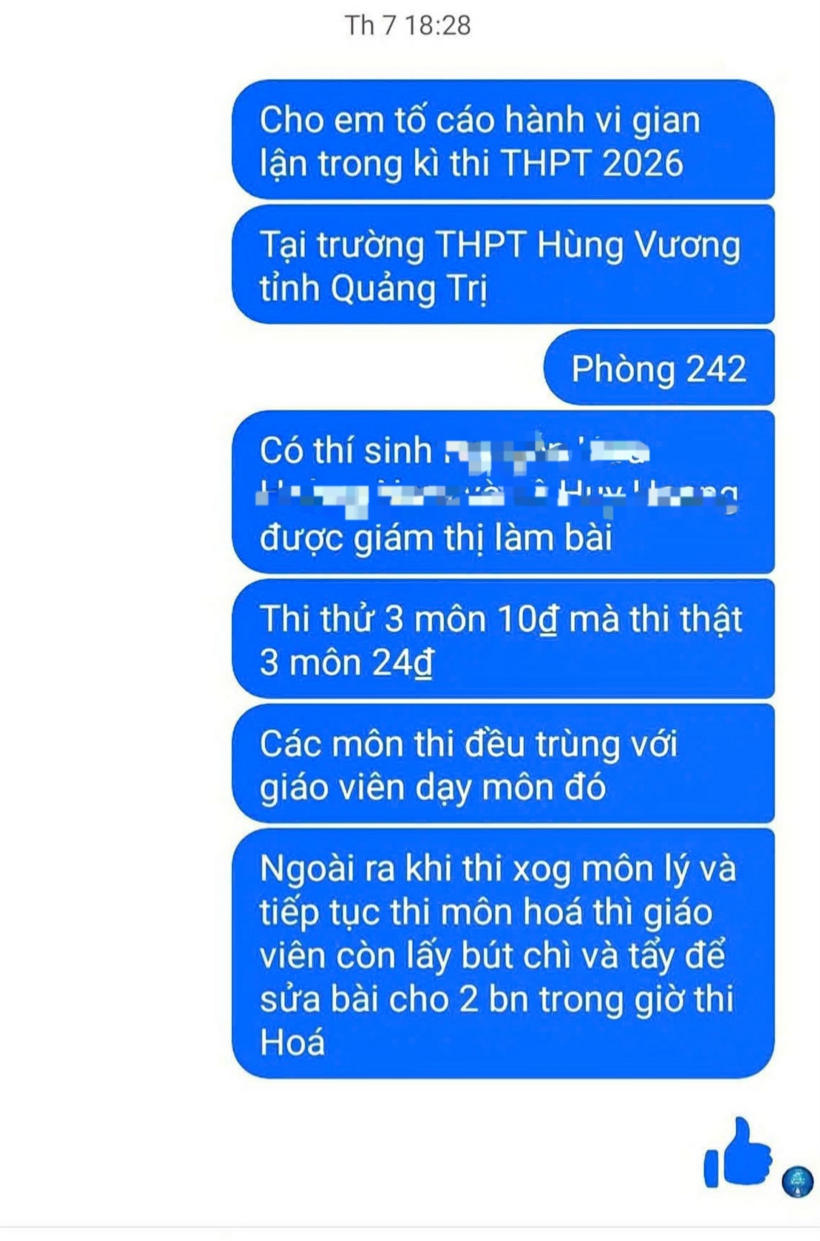 Nội dung phản ánh dấu hiệu tiêu cực trong kỳ thi tốt nghiệp THPT năm 2026 tại Quảng Trị được lan truyền trên mạng xã hội. Ảnh: Dân Việt