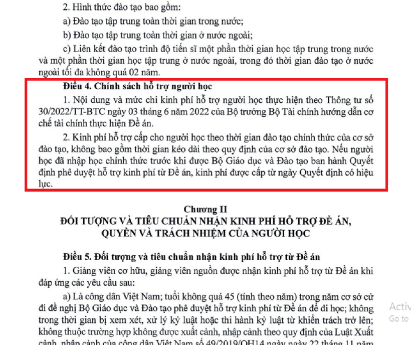 Một phần trong Thông tư số 50 năm 2026 quy định về kinh phí đào tạo. Ảnh chụp màn hình.