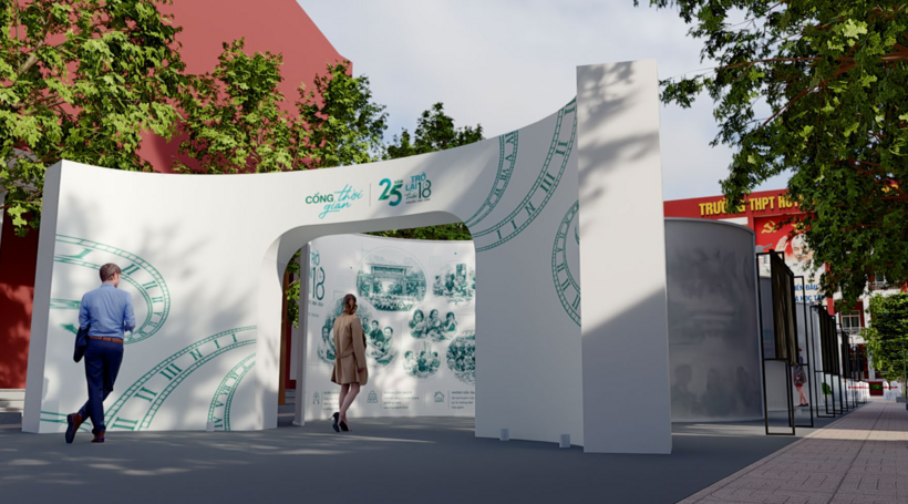 Phối cảnh 3D "Cổng thời gian" — điểm bắt đầu hành trình "Một ngày trở lại tuổi 18" tại Trường THPT Huỳnh Thúc Kháng tỉnh Nghệ An.