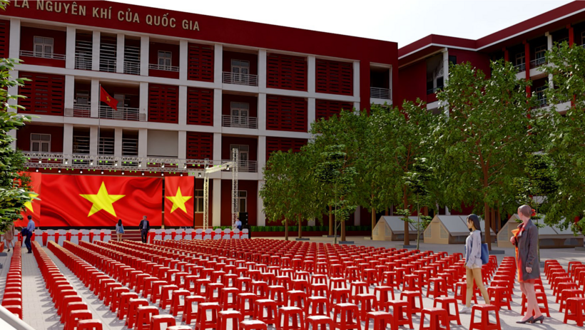 Phối cảnh sân trường trong buổi chiều diễn ra lễ chào cờ và tri ân thầy cô.