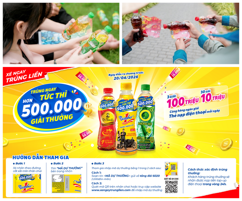 Chọn các sản phẩm Trà Dr Thanh, Trà Xanh Không Độ và Nước tăng lực Number 1 có thông tin khuyến mãi, xé nhãn lấy mã và tham gia chương trình "Xé ngay trúng liền",  người tiêu dùng có cơ hội nhận gần 150.000 giải thưởng thẻ nạp điện thoại còn lại cùng 2 giải Đặc biệt, mỗi giải trị giá 100 triệu đồng tiền mặt trong hè này.