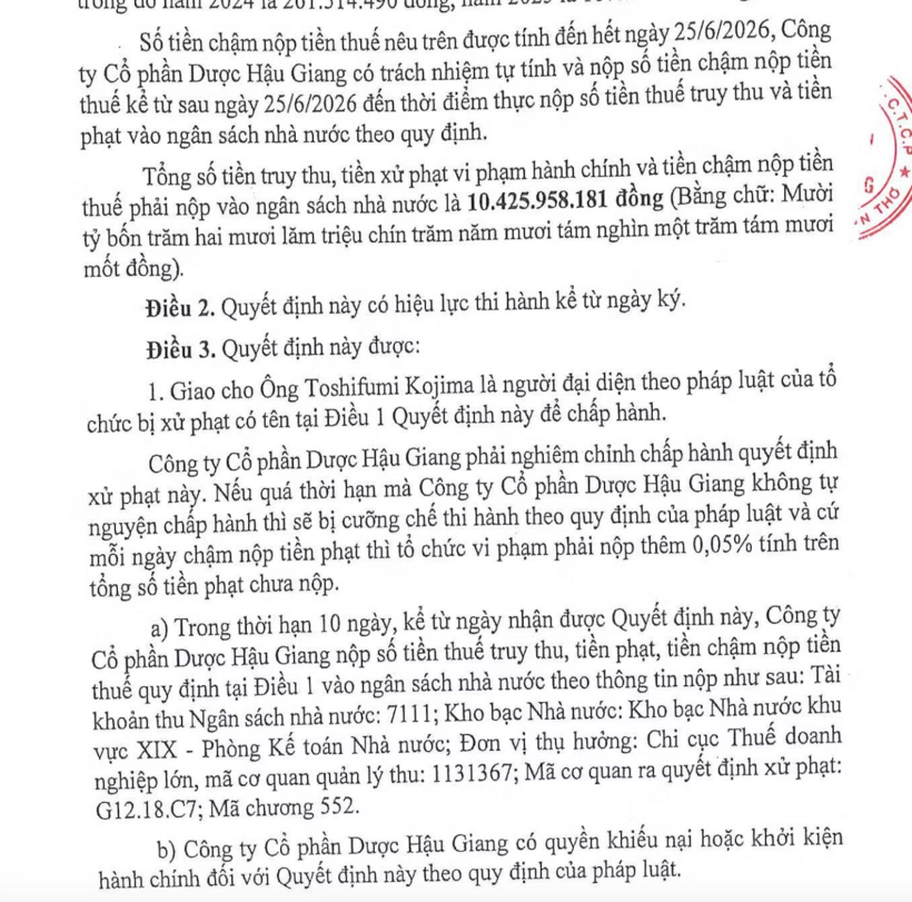 Quyết định xử phạt Công ty Cổ phần Dược Hậu Giang về thuế (ảnh: N.M)./ Tiền phong.