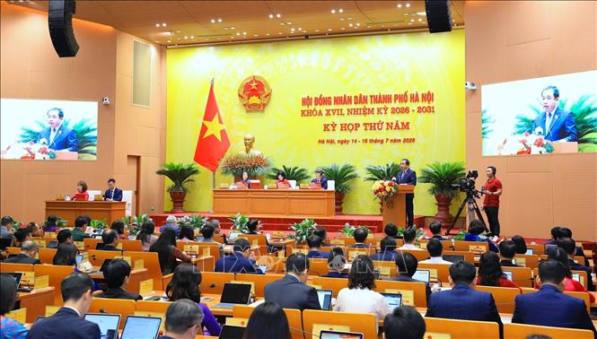 Quang cảnh phiên khai mạc Kỳ họp thứ năm, HĐND thành phố Hà Nội khóa XVII, sáng 14/7/2026. Ảnh: Trung Nguyên/TTXVN