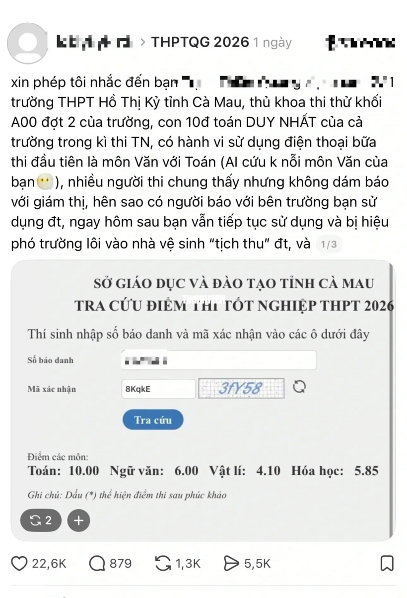 Thông tin thí sinh Trường THPT Hồ Thị Kỷ sử dụng điện thoại trong các buổi thi môn Ngữ văn và Toán tại kỳ thi tốt nghiệp THPT năm 2026 lan truyền mạng xã hội. Ảnh: Dân Việt