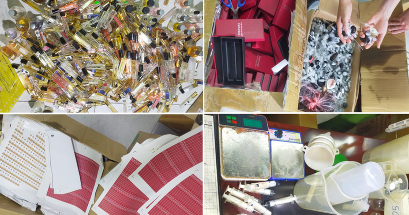 Các loại vật tư, phương tiện các đối tượng sử dụng để sản xuất, sang chiết nước hoa giả. (Ảnh: Công an Thanh Hóa)