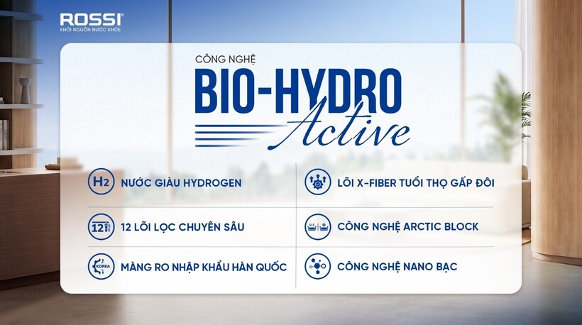 Công nghệ Bio-Hydro Active giúp nước sau lọc chứa hàm lượng Hydrogen cao.