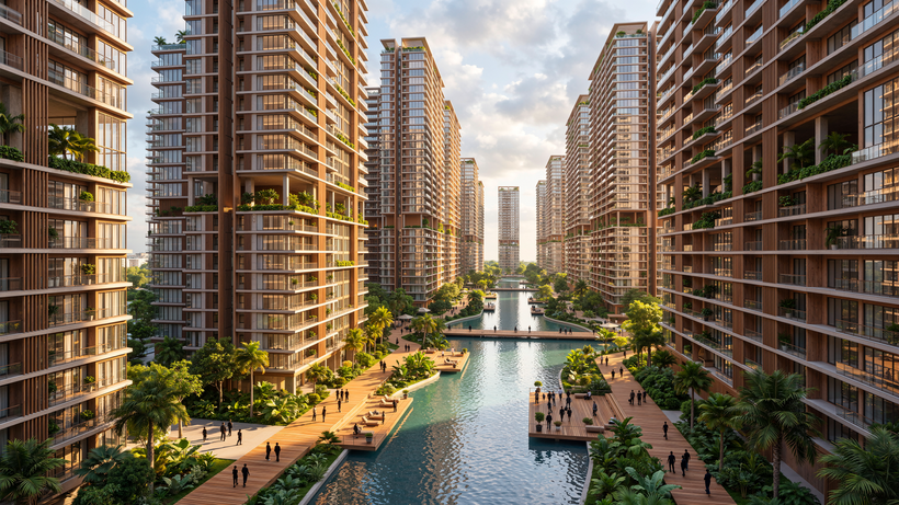 Tổ hợp nhà ở xã hội An Thới ưu tiên diện tích cho không gian xanh và tiện ích công cộng. Ảnh Sun group