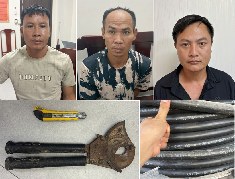Các đối tượng (từ trài qua phải): Phan Văn Tài, Đỗ Trọng Tuấn, Lê Văn Nhâm cùng một số tang vật vụ trộm cắp tài sản. Ảnh Công an tỉnh Thanh Hóa.