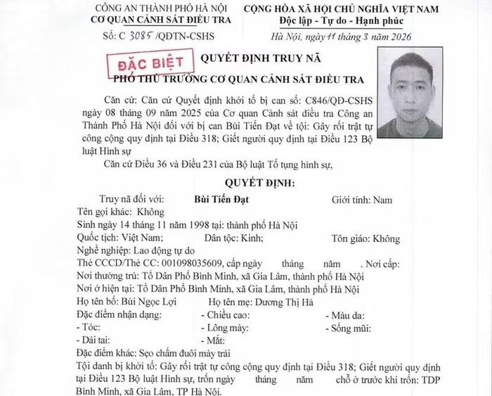 Quyết định truy nã đặc biệt. Ảnh: Cổng thông tin điện tử Công an thành phố Hà Nội