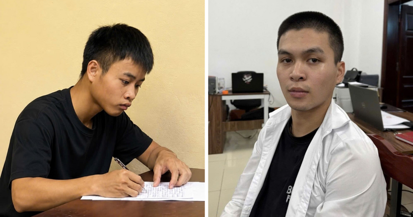 Đối tượng Hoàng Tuấn Vũ và Hoàng Văn Nha tại cơ quan công an. (Ảnh: Công an Phú Thọ)