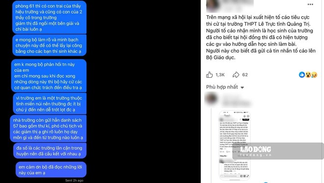 Bài đăng phản ánh tiêu cực thi cử liên quan đến cán bộ và thí sinh ở điểm thi Trường THPT Lê Trực. Ảnh: Công Sáng/Lao động