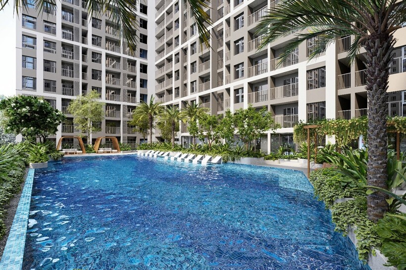 Điểm nhấn của dự án là tổ hợp bể bơi ngoài trời gần 800 m² tại tầng 3 dành cho người lớn và trẻ em, mở rộng không gian rèn luyện sức khỏe và thư giãn nội tòa. Ảnh BIM Land