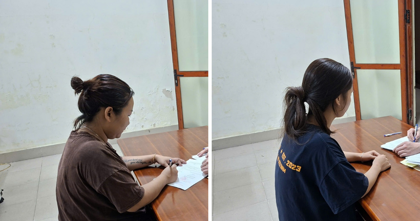 Cơ quan CSĐT Công an tỉnh Thái Nguyên làm việc với Hoàng Thị Hà Trang và Hoàng Châm Anh. (Ảnh: Công an tỉnh Thái Nguyên)