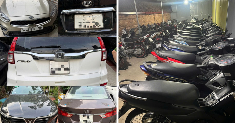Những xe ô tô do đối tượng Trần Văn Bình thuê rồi mang đi cầm cố và những xe mô tô cầm cố bị Cơ quan Công an thu giữ. (Ảnh: Công an Bắc Ninh)