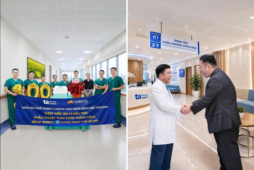 Ông Cho Young Jean (áo đen, bên phải) chúc mừng TTƯT.TS.BS.CKII Lê Văn Tuấn cùng các bác sĩ Bệnh viện Tâm Anh vượt mốc 100 ca thay khớp bằng robot AI CUVIS-Joint thế hệ mới. Ảnh: Bệnh viện Đa khoa Tâm Anh
