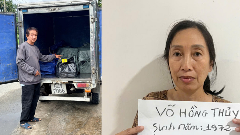 Các bị can Hà Văn Ơn, Võ Hồng Thủy (từ trái qua), cùng tang vật, phương tiện vụ án. Ảnh: Công an tỉnh An Giang