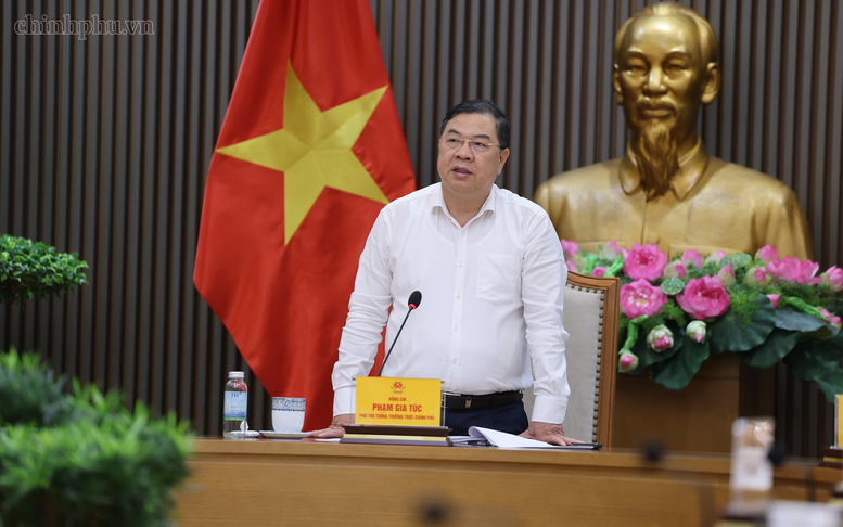 Phó Thủ tướng Thường trực Phạm Gia Túc chủ trì cuộc làm việc với Bộ Công an và một số bộ, ngành liên quan về Đề án "Sản xuất, lắp ráp và thí điểm đăng ký lưu hành, sử dụng xe ba bánh chạy điện" sáng 10/8/2026. Ảnh: chinhphu.vn