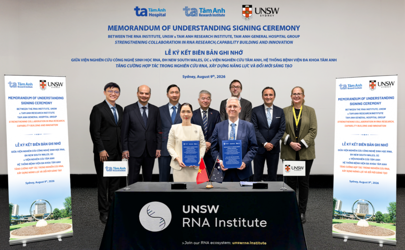Lễ ký kết Biên bản ghi nhớ hợp tác (MoU) diễn ra ngày 9/8 tại Đại học New South Wales (UNSW), thành phố Sydney, Australia. Ảnh: Viện Nghiên cứu Tâm Anh