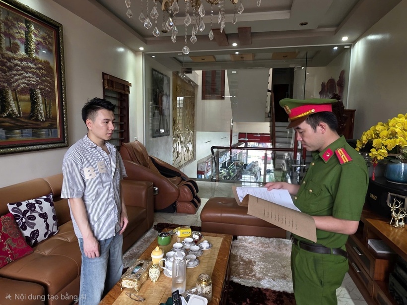Cơ quan Cảnh sát điều tra Công an tỉnh Phú Thọ tống đạt quyết định đối với Nguyễn Hải Linh. Ảnh Công an tỉnh Phú Thọ.