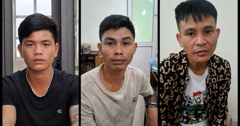 Các đối tượng từ trái sang: Lường Văn Hưng, Đỗ Duy Đức và Nguyễn Văn Cương tại Cơ quan điều tra. (Ảnh: Công an Hưng Yên)