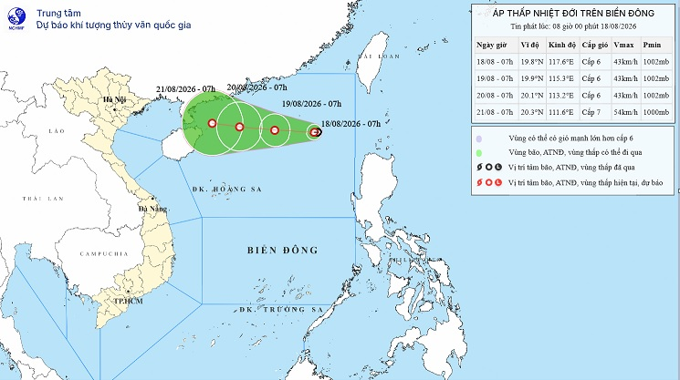 Hướng di chuyển của áp thấp nhiệt đới. Ảnh: Trung tâm Dự báo Khí tượng Thủy văn Quốc gia