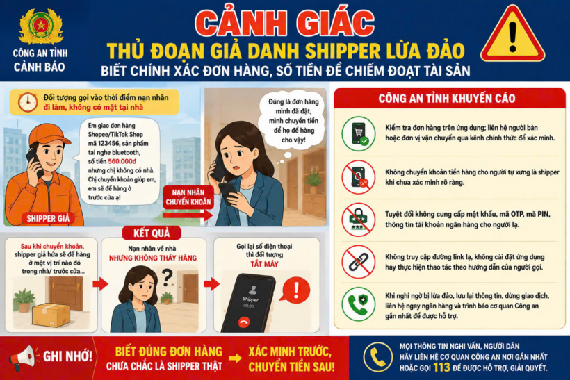 Cảnh giác thủ đoạn giả danh shipper, biết chính xác thông tin đơn hàng để lừa đảo chiếm đoạt tài sản. Ảnh: Trang thông tin điện tử Công an tỉnh Quảng Ninh