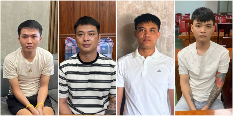 Các đối tượng Nguyễn Tiến Lâm (chủ mưu), Thái Văn Hoài, Trần Như Luật  và Phạm Ngọc Tú ( từ trái qua phải). Ảnh: Công an tỉnh Thanh Hóa