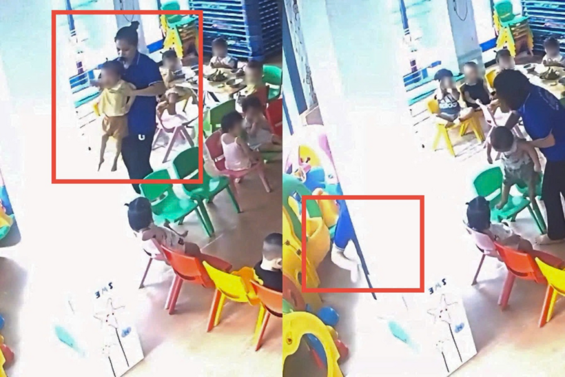 Cô giáo bế cháu bé vào góc khuất của camera rồi đánh liên tiếp vào mặt. Ảnh: Dân trí