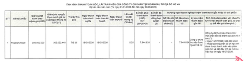 Thông tin về tình hình thanh toán trái phiếu quốc tế (Ảnh: Thông báo của Novaland)