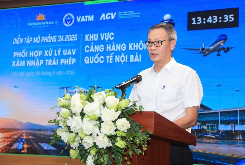 Ông Nguyễn Mạnh Kiên, Phó Tổng giám đốc, Tổng công ty Quản lý bay Việt Nam phát biểu tại buổi diễn tập