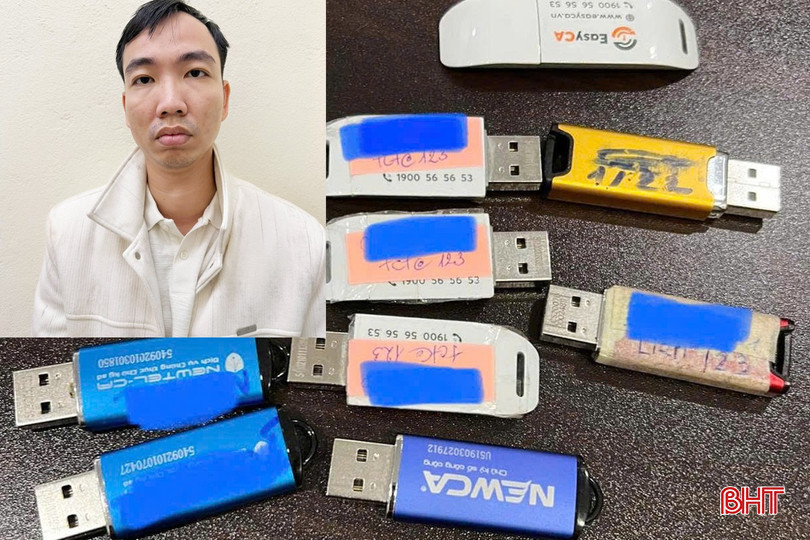 Đối tượng cầm đầu đường dây Vũ Hải Đông Dương và tang vật bị thu giữ. Ảnh: Báo Hà Tĩnh