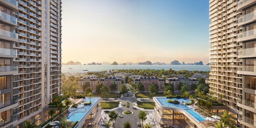 Prima Bay nổi bật với ngôn ngữ kiến trúc mềm mại bên vịnh, kết hợp tổ hợp hồ bơi vô cực và hệ tiện ích nghỉ dưỡng được bố trí theo nhiều tầng trải nghiệm. Nguồn ảnh BIM Land