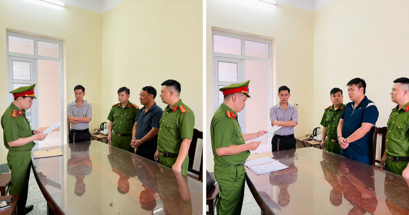 Nguyễn Văn Khang và Lê Văn Tâm tại cơ quan công an. (Ảnh: Công an Phú Thọ)