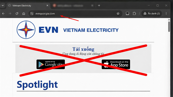 Trang web mạo danh thương hiệu EVN nhằm lừa khách hàng tải và cài đặt ứng dụng giả mạo mang tên “CSKH EVNSPC”