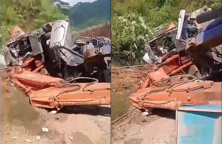Hiện trường vụ tai nạn lật xe tải chở máy múc làm hai người chết, ba người bị thương ở xã Mường Quàng, Nghệ An sáng 5/9 - Ảnh: Người dân cung cấp/Tiền Phong