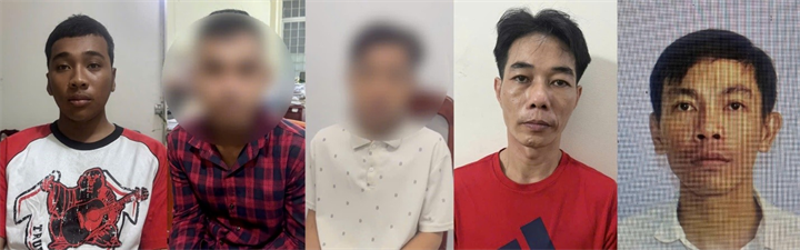 Từ trái qua phải: Danh Thái, D. N. Q, Tr. H. Đ, Nguyễn Nhựt Linh và Trần Thanh Qui. Ảnh: Công an tỉnh An Giang
