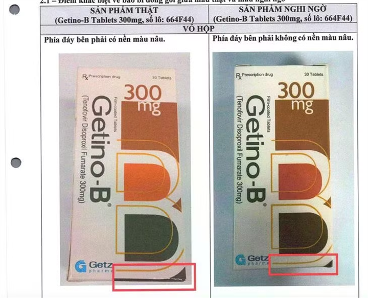 Mẫu thuốc Getino-B Tablets 300mg nghi ngờ giả. Ảnh: Sở Y tế TP.HCM/Tiền phong