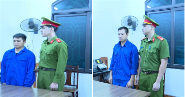 Đối tượng Trịnh Văn Thành và Nguyễn Văn Cầu tại Cơ quan Công an. (Ảnh: Công an Hưng Yên)