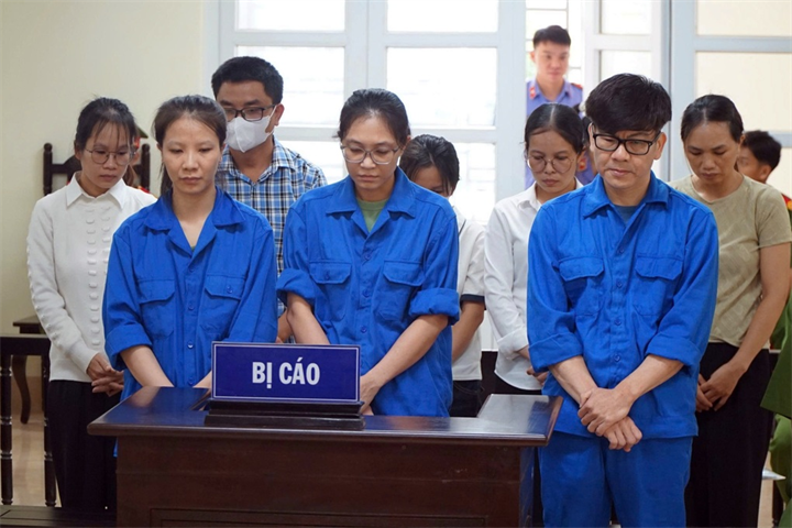 Nguyễn Phong và Nguyễn Phạm Hồng Vy (áo xanh, mang kính) cùng các bị cáo khác tại tòa. Ảnh: Uy Nguyễn/Dân trí