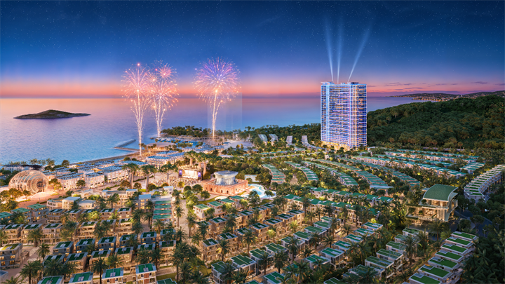 Phối cảnh dự kiến Alora Nha Trang bừng sáng khi thành phố biển bước vào buổi tối. ảnh: Vega City