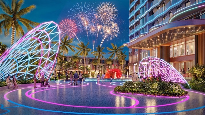 Phối cảnh Alora Nha Trang phát sáng giữa không gian đêm, tạo nên diện mạo khác biệt bên Vịnh Ngọc. ảnh: Vega City
