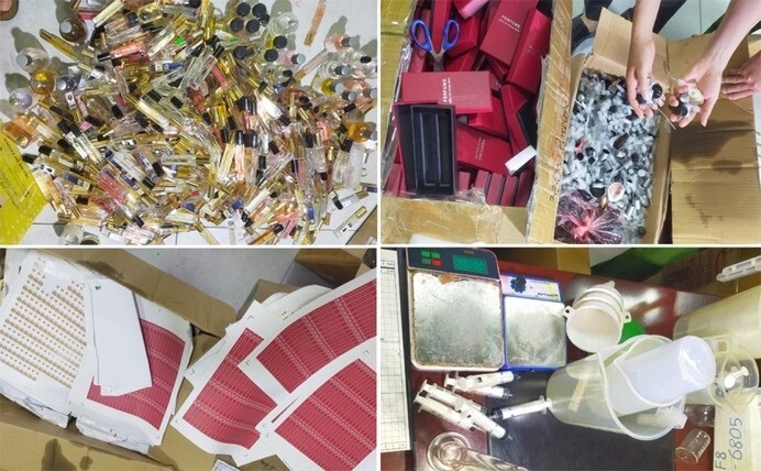 Công an Thanh Hóa triệt xóa các đường dây sản xuất, buôn bán nước hoa giả các thương hiệu nổi tiếng trên sàn thương mại điện tử. Ảnh Công an tỉnh Thanh Hóa.
